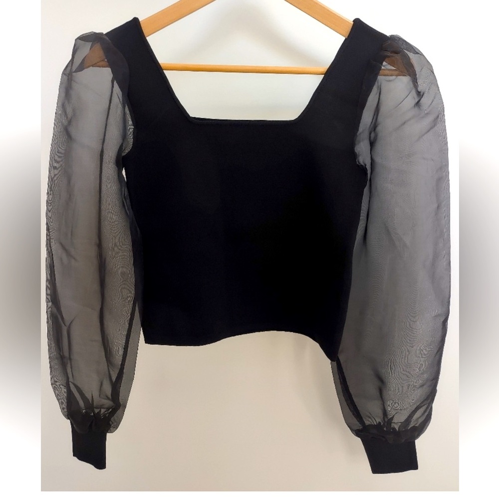 House of Harlow 1960 knit body con top with sheer puffy sleeves U neck